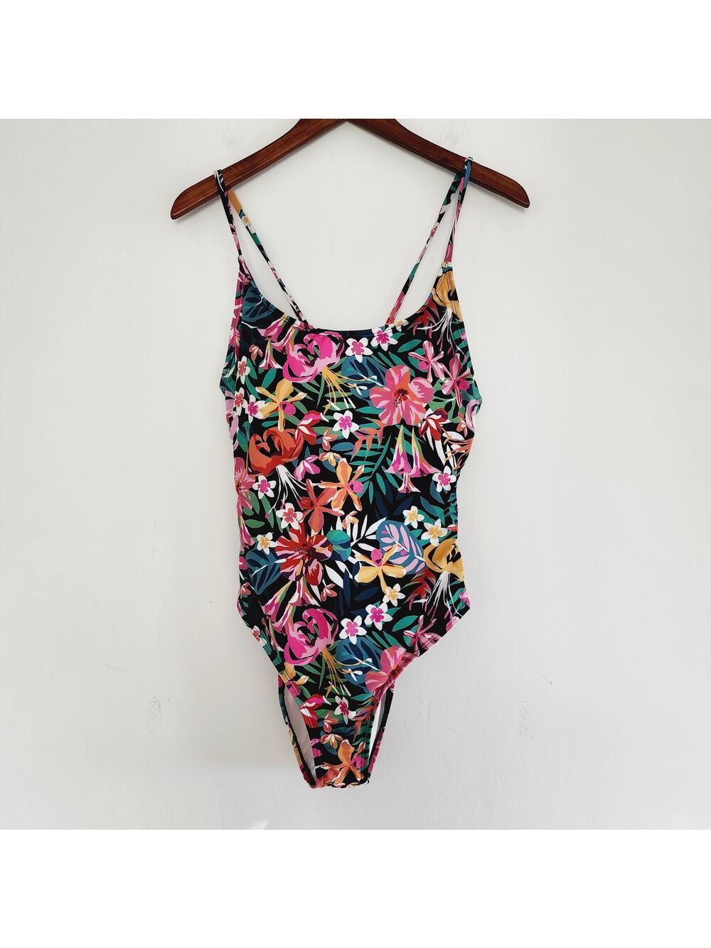 Hurley Floral Print One-Piece Cutout Swimsuit Black Pink Yellow Small